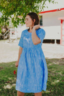 Bush Stripe Sky Blue & White Organic Linen Short Sleeve Dress - Outback Linen Co