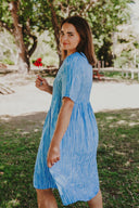 Bush Stripe Sky Blue & White Organic Linen Short Sleeve Dress - Outback Linen Co