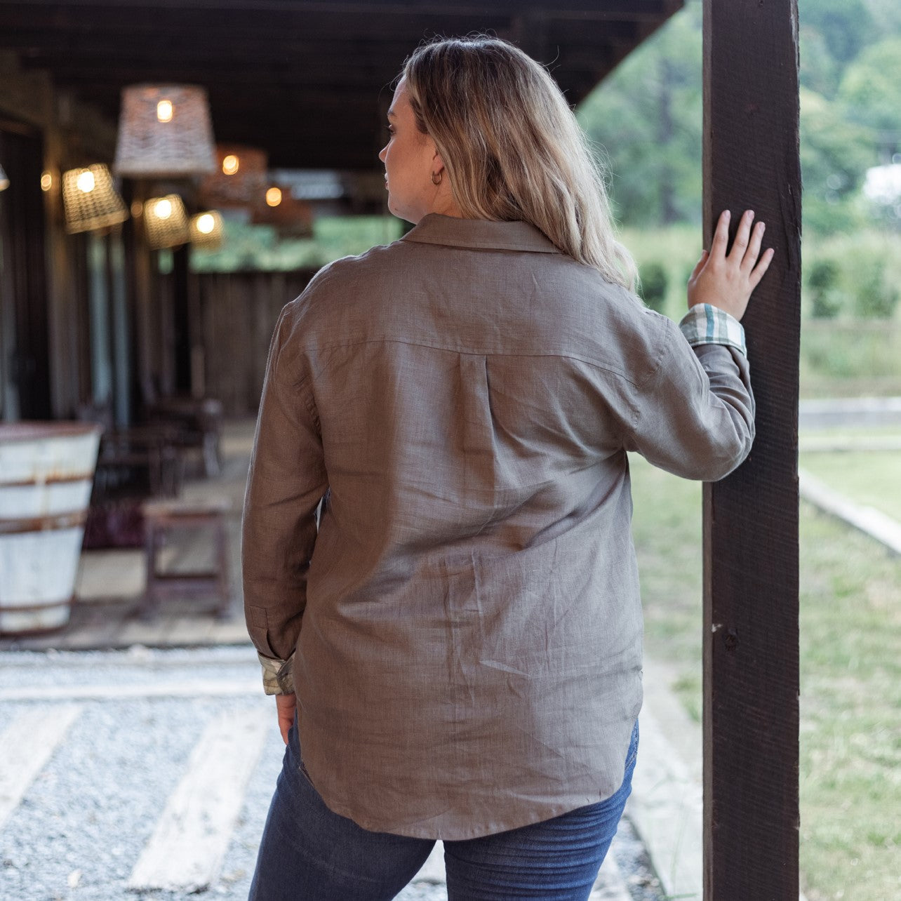 Spinifex Green Organic Linen Shirt with Printed Cuffs