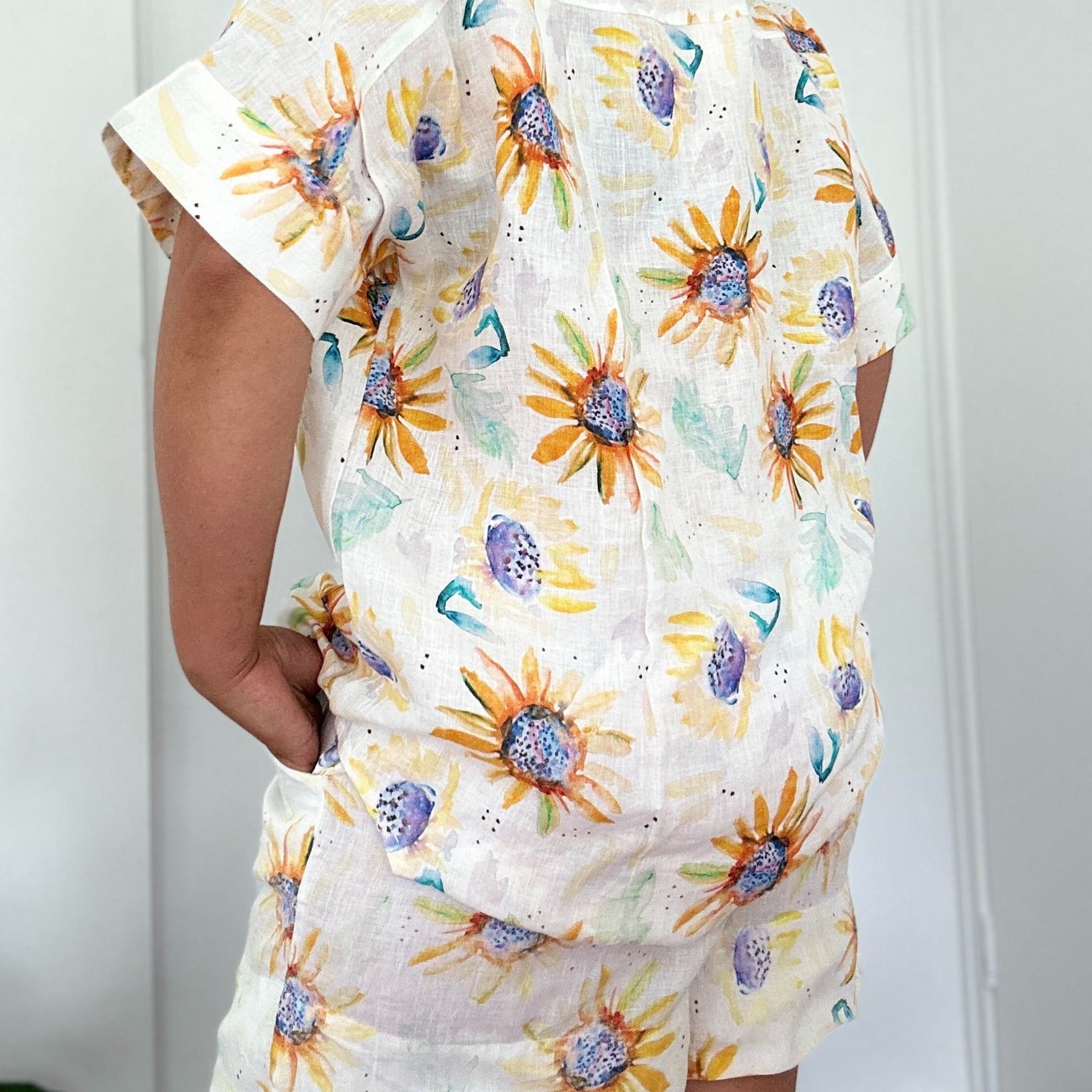 Sunflower Print Organic Linen Shorts - Outback Linen Co