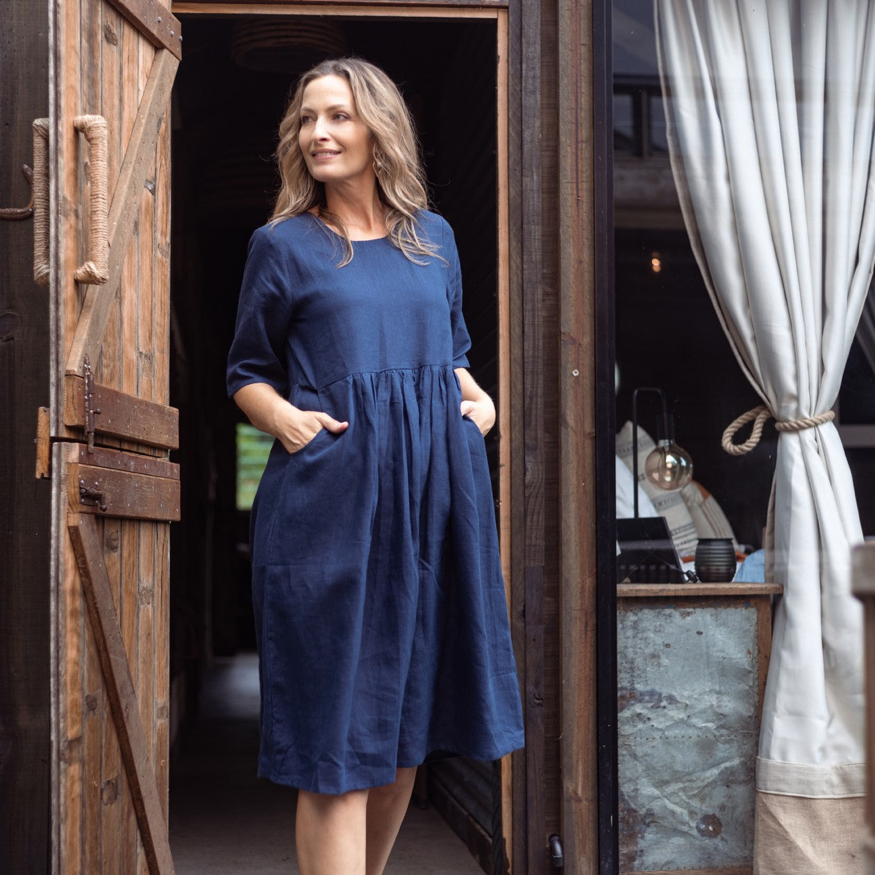 Indigo Blue Short Sleeve Organic Linen Dress