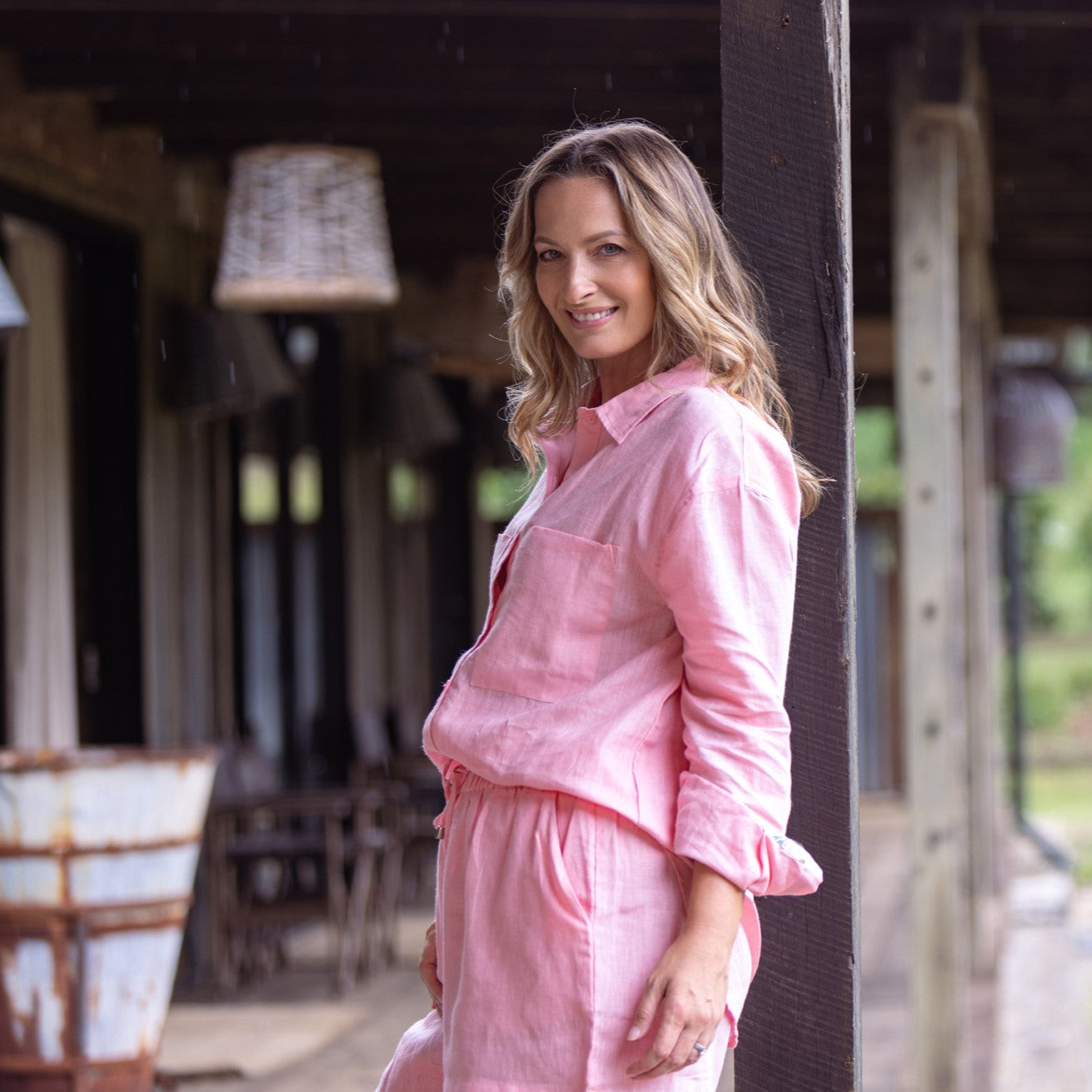 Playful Pink Organic Linen Shirt With Printed Cuffs