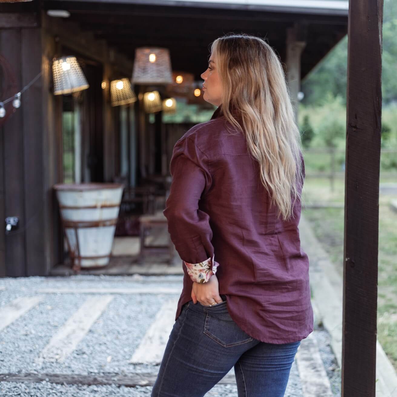 Mystic Plum Organic Linen Shirt with Printed Cuffs