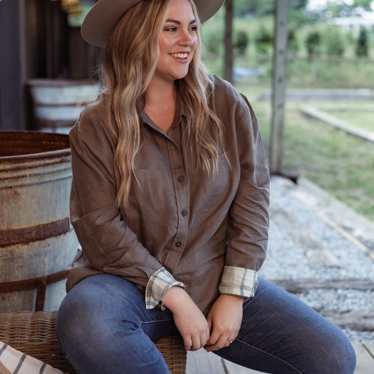 Spinifex Green Organic Linen Shirt with Printed Cuffs