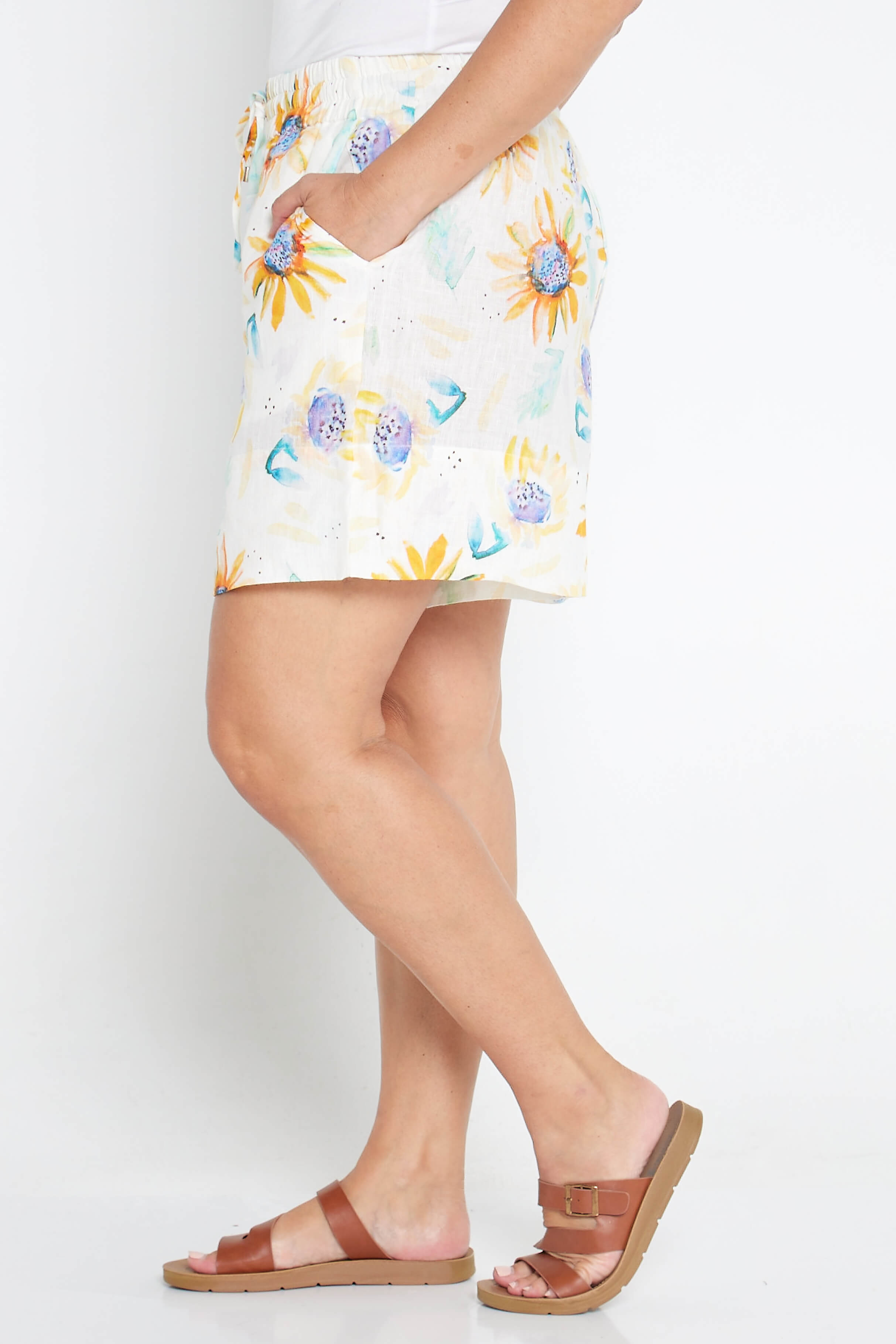 Sunflower Print Organic Linen Shorts - Outback Linen Co