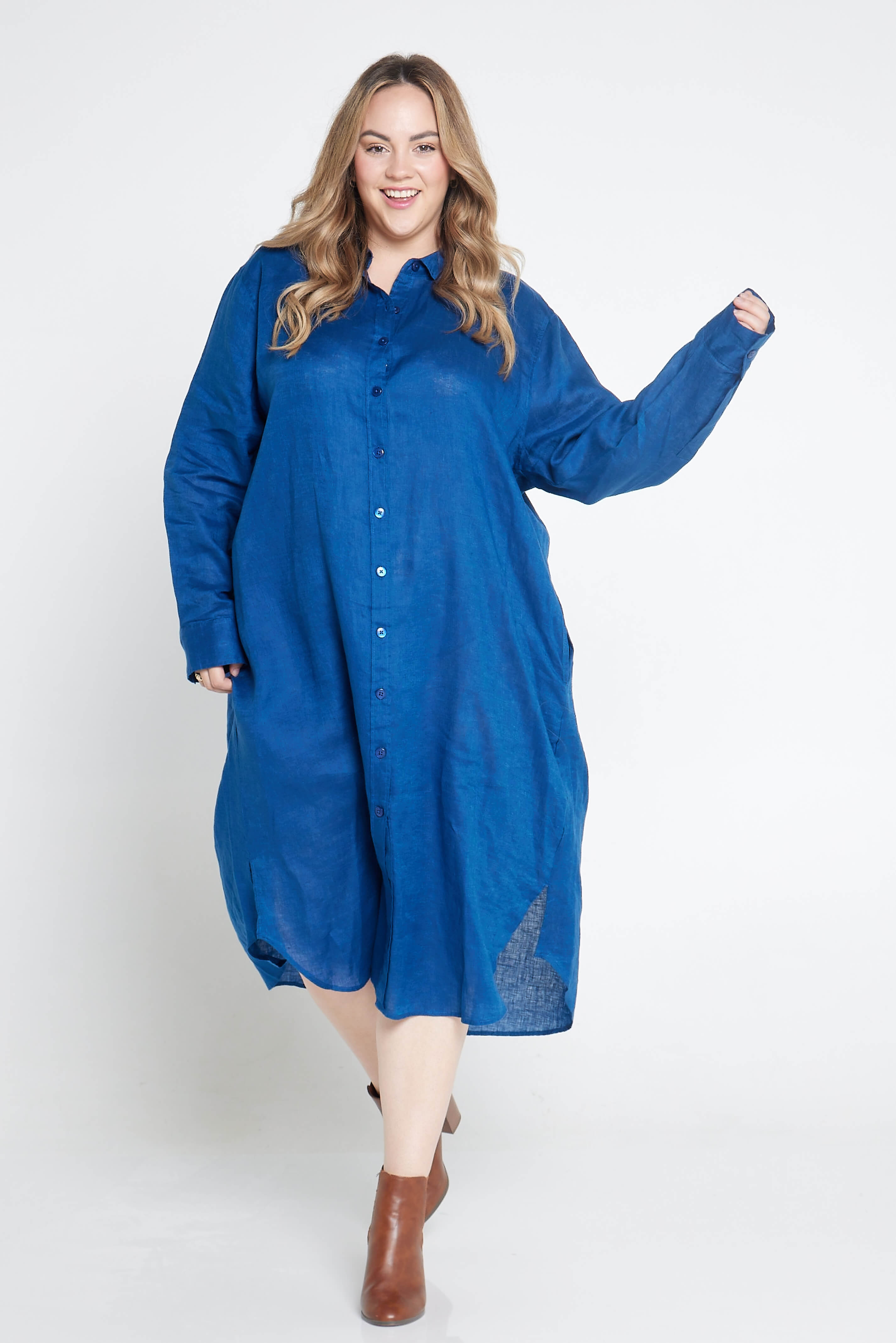 electric blue long sleeve organic linen dress