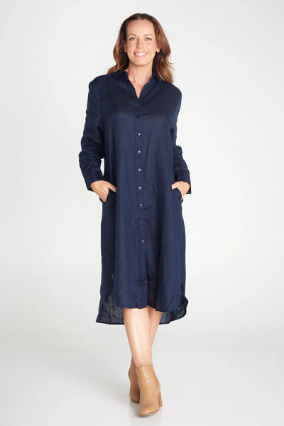 Women's Navy Linen Dress – Full Sleeve Organic Linen