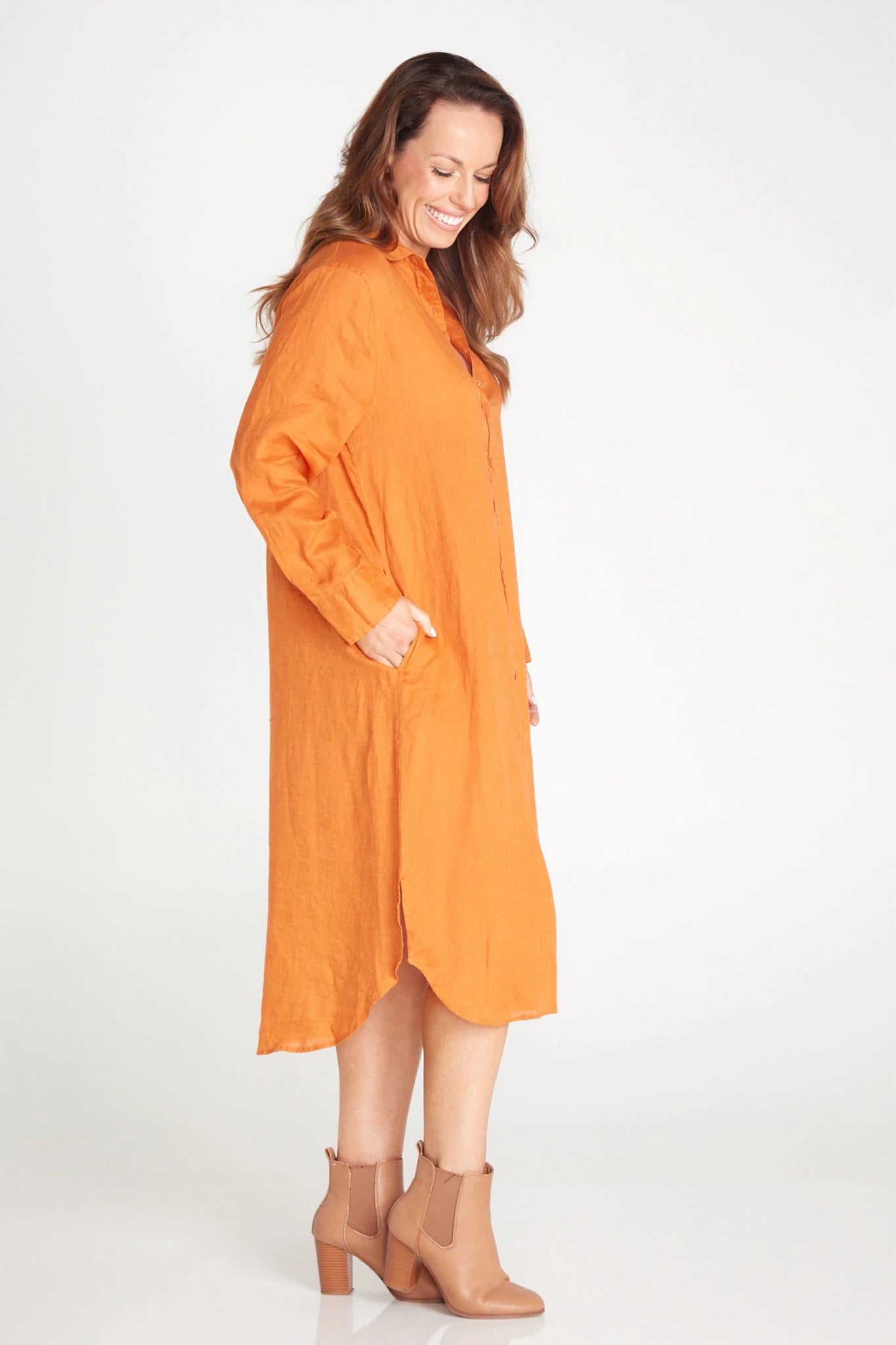 Rust Orange Linen Long Sleeve Dress | Outback Linen Co Rust Orange Linen Long Sleeve Dress | Outback Linen Co
