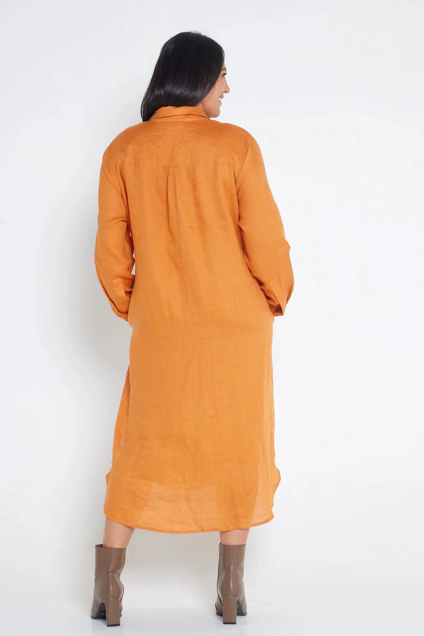 knee length dresses for ladies Rust Orange Linen Long Sleeve Dress knee length dresses for ladies Rust Orange Linen Long Sleeve Dress