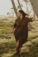 Everyday Smoked Cocoa Brown Organic Linen Long Sleeve Dress - Outback Linen Co
