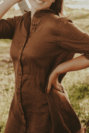 Everyday Smoked Cocoa Brown Organic Linen Long Sleeve Dress - Outback Linen Co