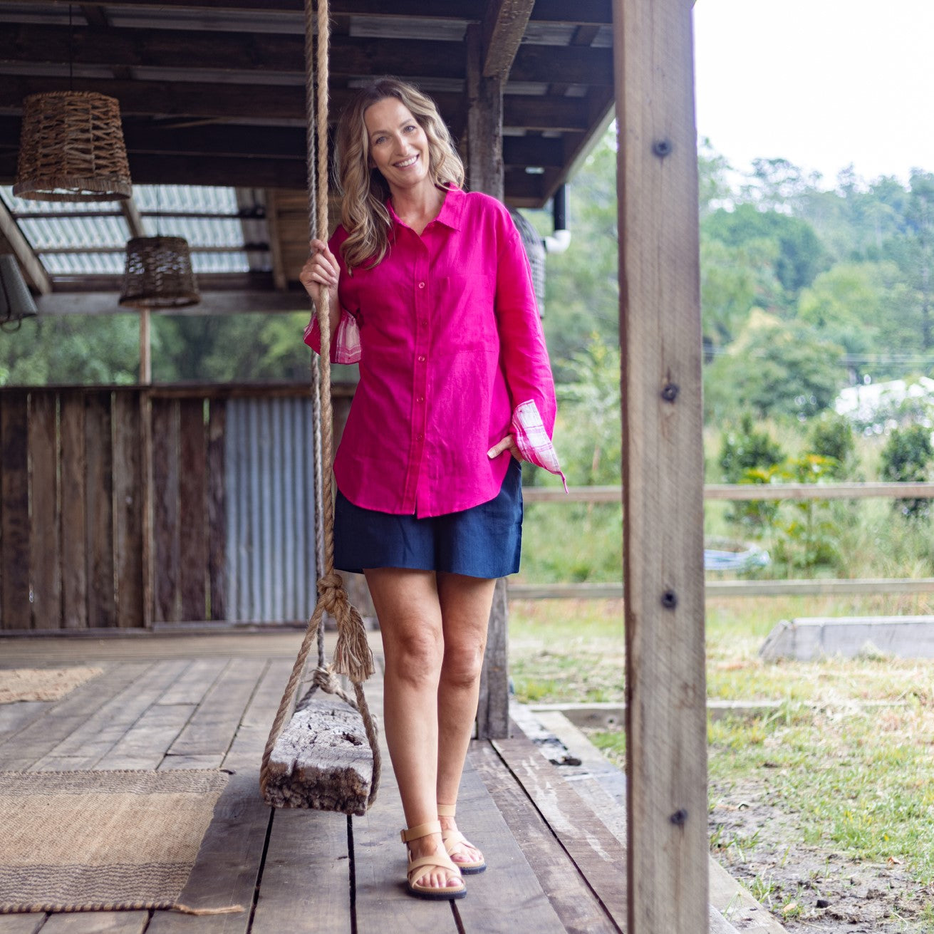 Hot Pink Organic Linen Shirt With Printed Gingham Cuffs