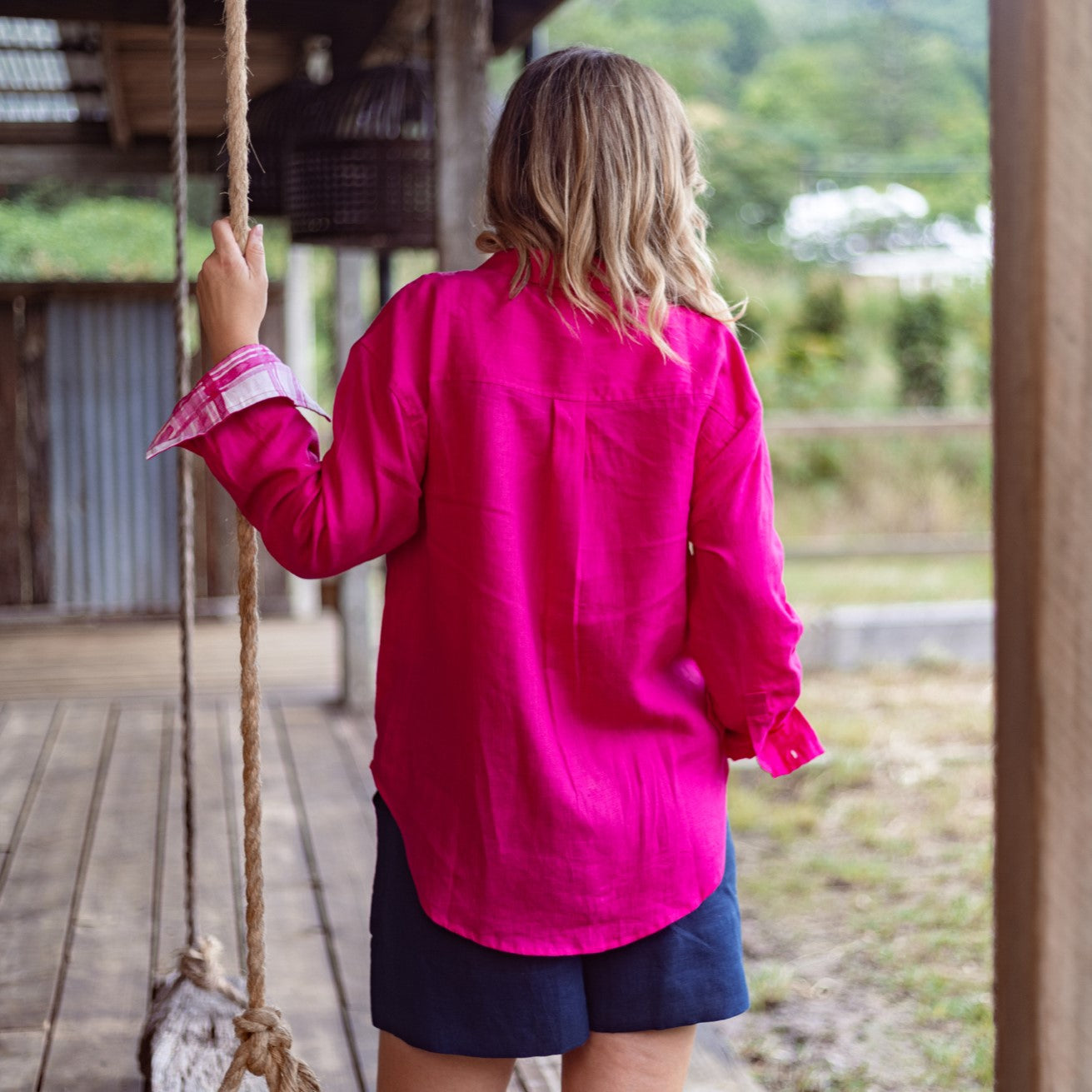 Hot Pink Organic Linen Shirt With Printed Gingham Cuffs
