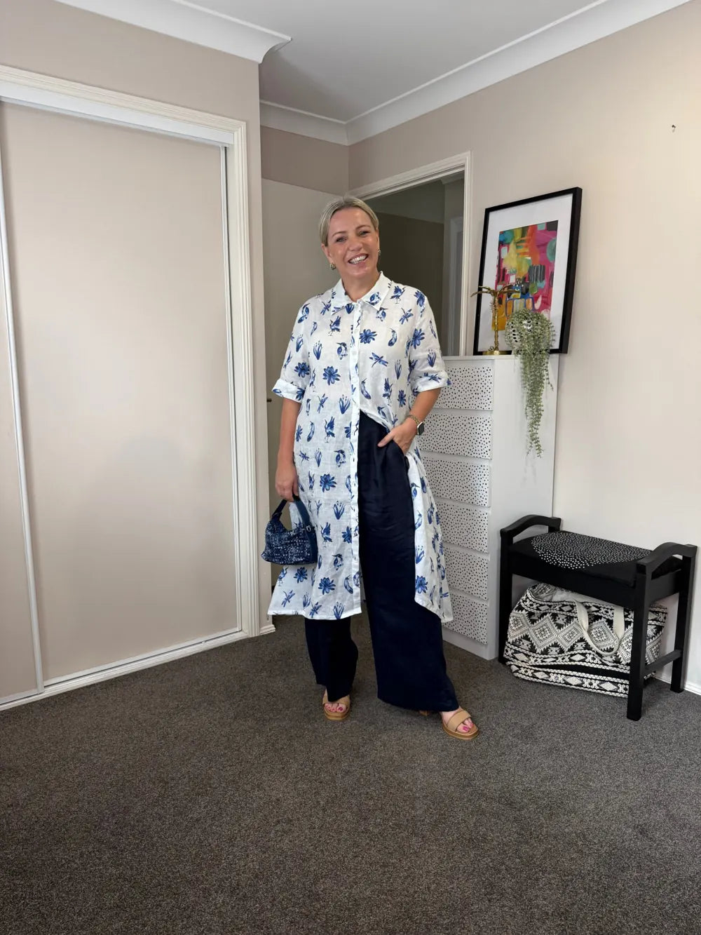 Kelly, 165cm, wearing size 10 Coastal Flight Linen Dress