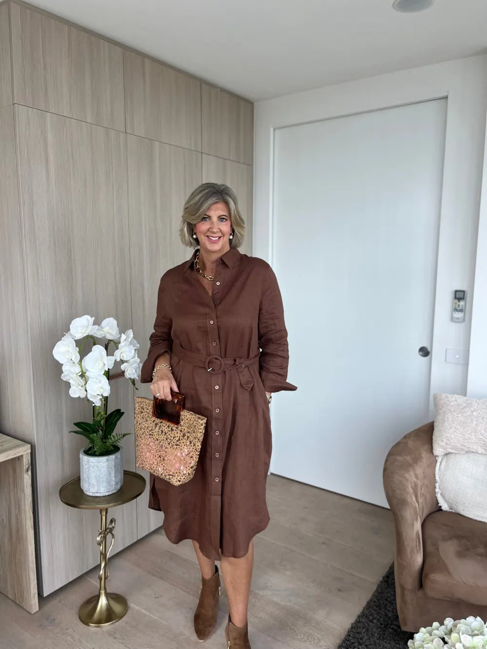Kerrie, 172cm, wearing size 14 Cocoa Everyday Linen Dress