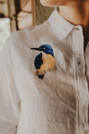 Kingfisher Embroidered White Organic Linen Long Sleeve Shirt - Outback Linen Co