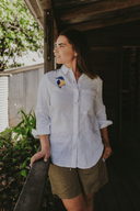 Kingfisher Embroidered White Organic Linen Long Sleeve Shirt - Outback Linen Co