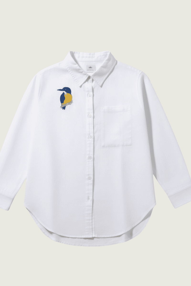 Kingfisher Embroidered White Organic Linen Long Sleeve Shirt - Outback Linen Co