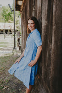 Lady Jane Sky Blue Embroidered Short Sleeve Organic Linen Dress and Belt - Outback Linen Co