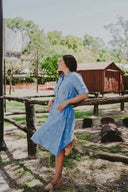 Lady Jane Sky Blue Embroidered Short Sleeve Organic Linen Dress and Belt - Outback Linen Co