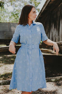 Lady Jane Sky Blue Embroidered Short Sleeve Organic Linen Dress and Belt - Outback Linen Co