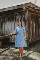 Lady Jane Sky Blue Embroidered Short Sleeve Organic Linen Dress and Belt - Outback Linen Co