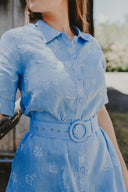Lady Jane Sky Blue Embroidered Short Sleeve Organic Linen Dress and Belt - Outback Linen Co