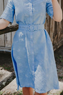Lady Jane Sky Blue Embroidered Short Sleeve Organic Linen Dress and Belt - Outback Linen Co