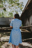 Lady Jane Sky Blue Embroidered Short Sleeve Organic Linen Dress and Belt - Outback Linen Co