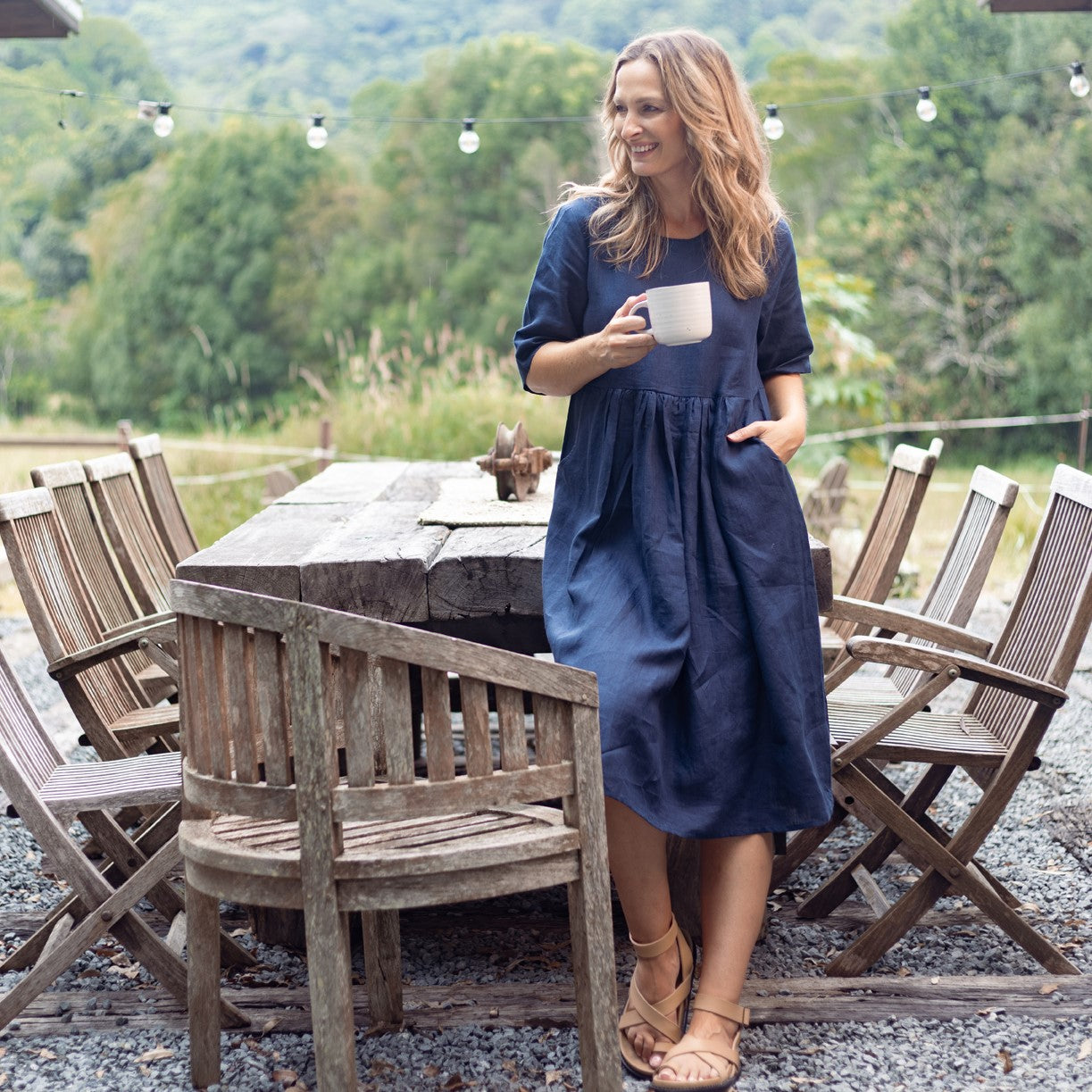 Indigo Blue Short Sleeve Organic Linen Dress