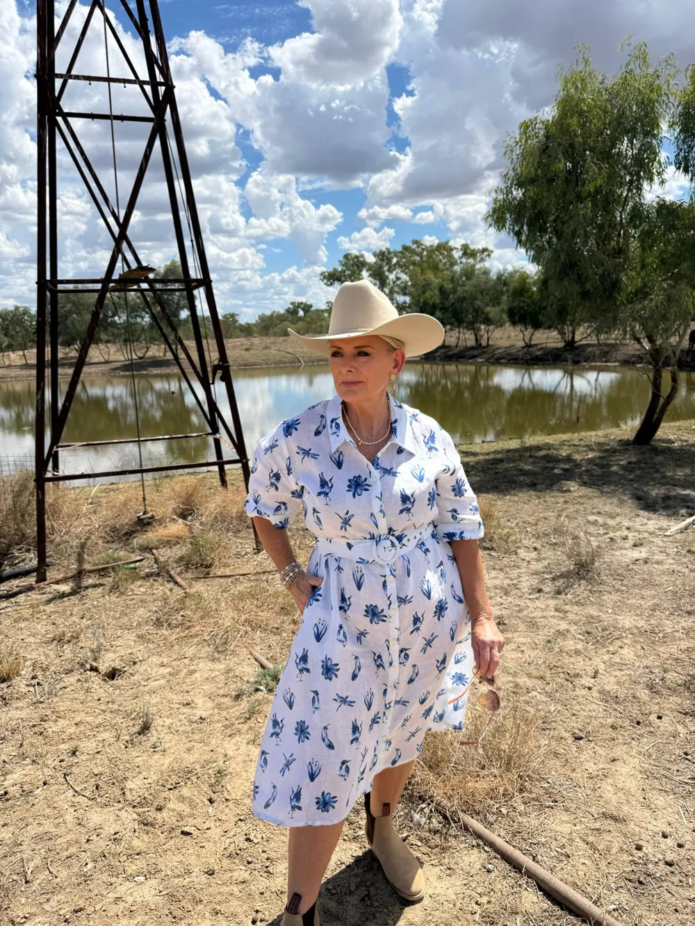 Maz, 155cm, wearing size 14 Coastal Flight Linen Dress