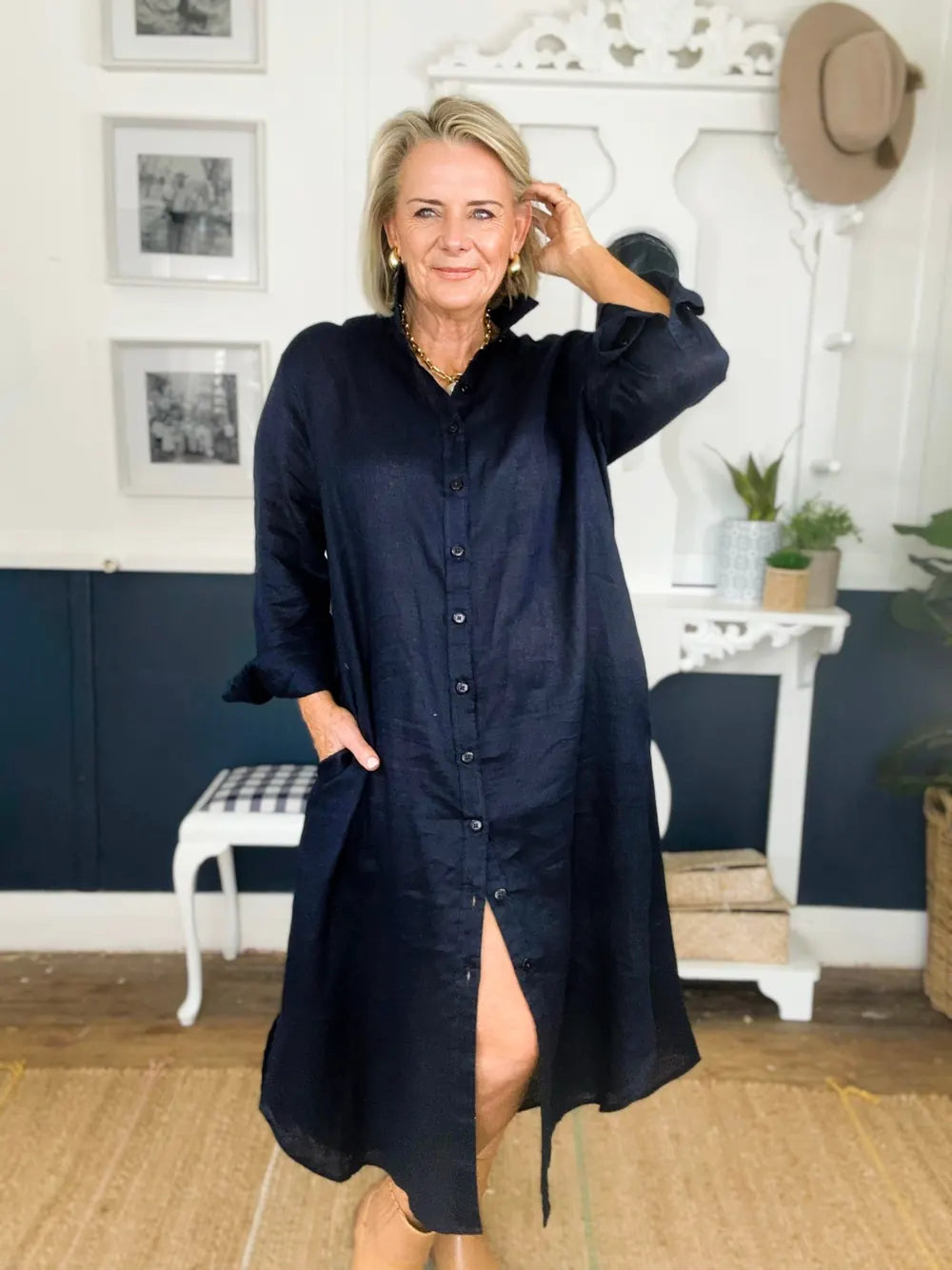 Maz, 155cm, wearing size 14 Navy Everyday Linen Dress