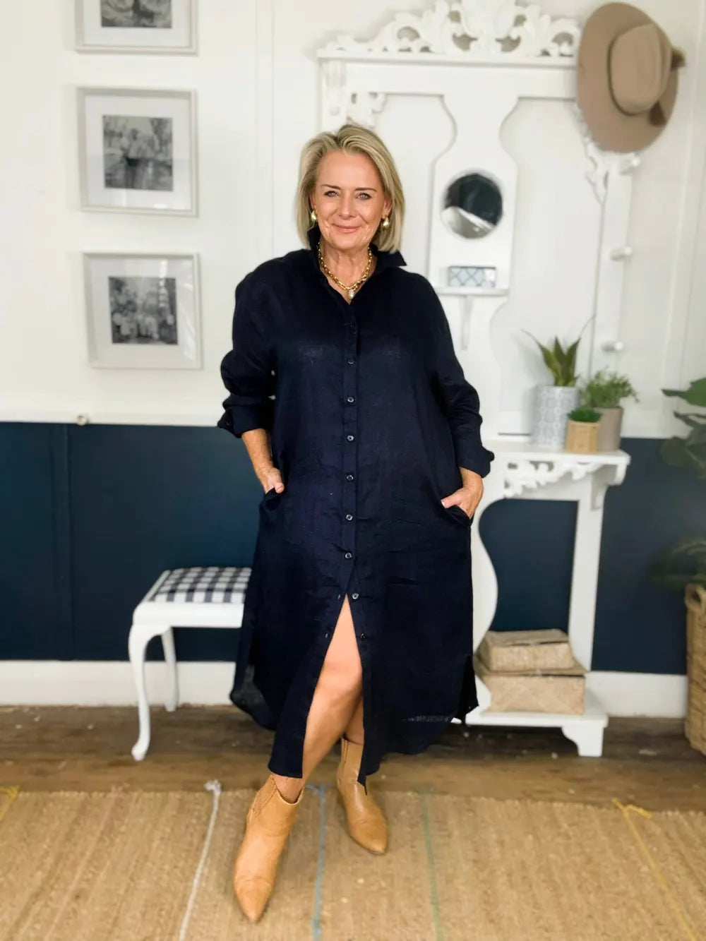 Maz, 155cm, wearing size 14 Navy Everyday Linen Dress