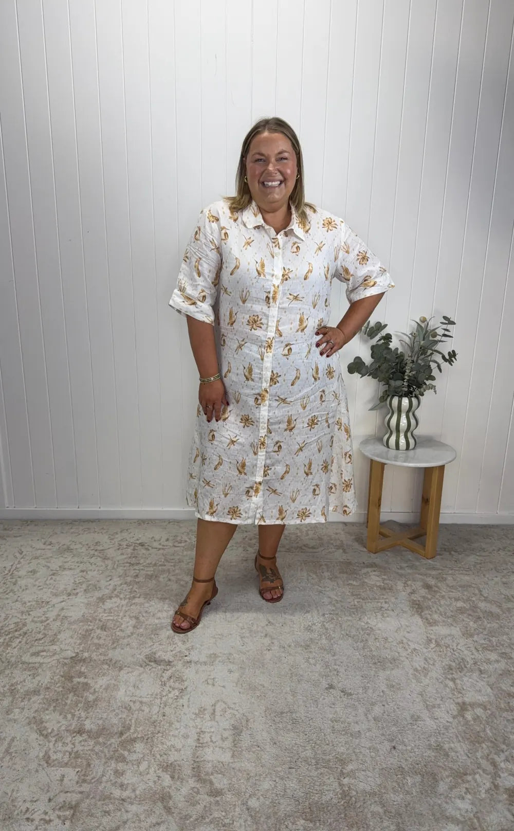 Melissa, 165cm, wearing size 18 Golden Flight Linen Dress