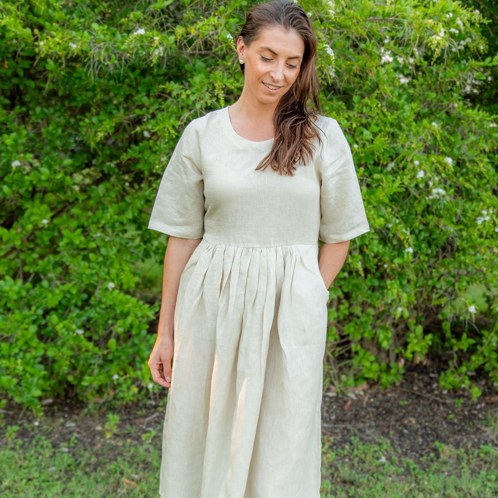 Oatmeal Short Sleeve Linen Dress - Outback Linen Co