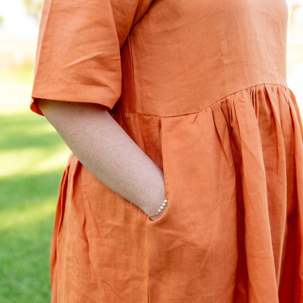 Orange Rust Short Sleeve Organic Linen Dress