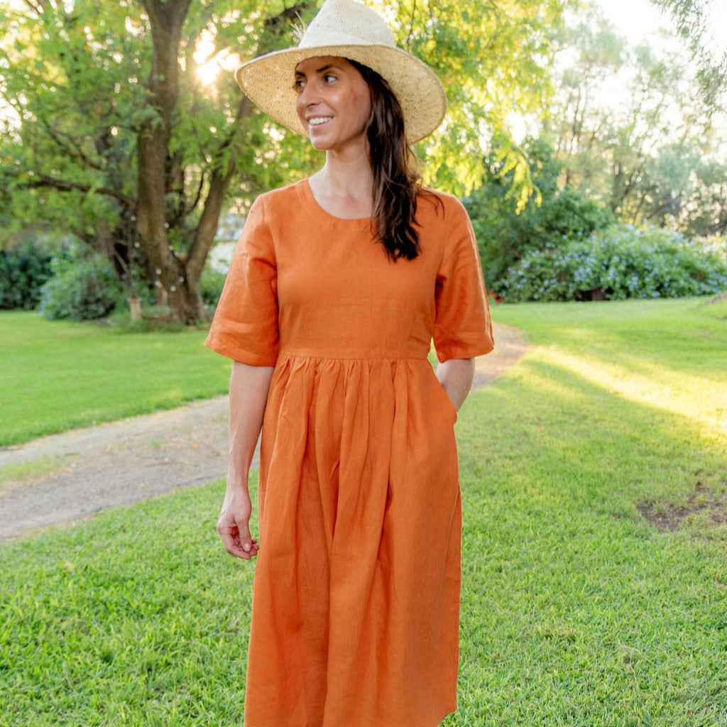 Orange Rust Short Sleeve Organic Linen Dress