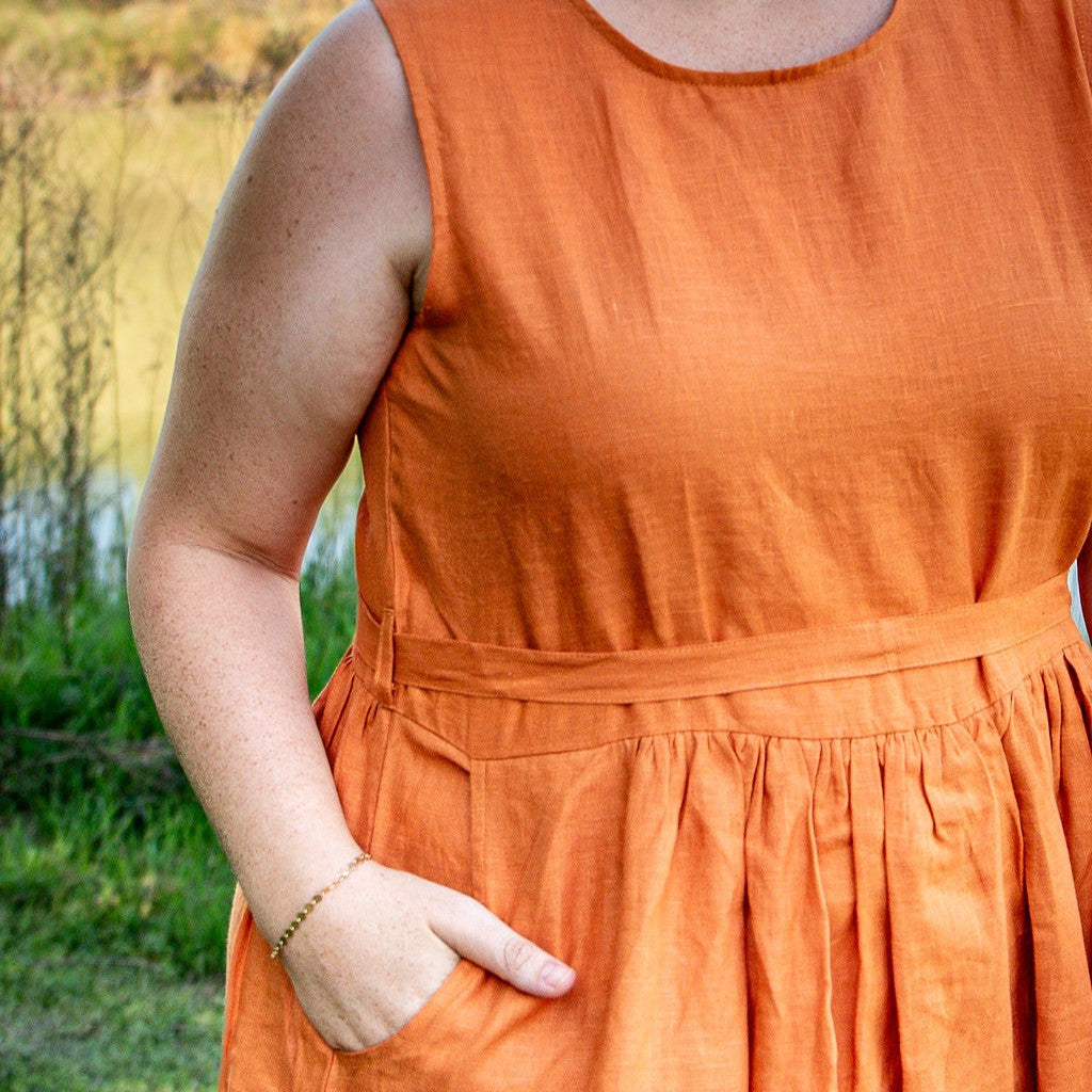 Orange Rust Sleeveless Organic Linen Dress - Outback Linen Co