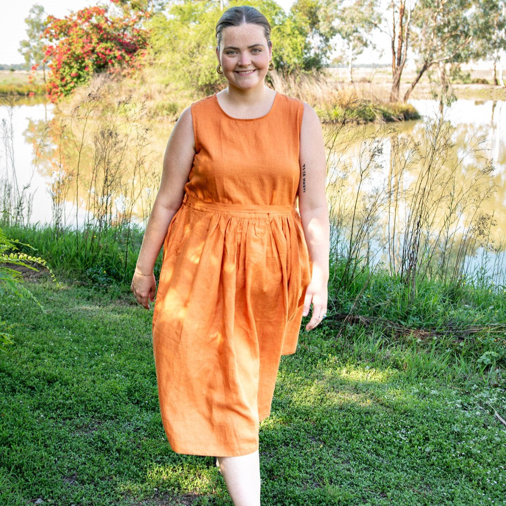 Orange Rust Sleeveless Organic Linen Dress