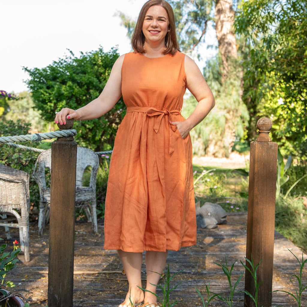 Orange Rust Sleeveless Organic Linen Dress - Outback Linen Co