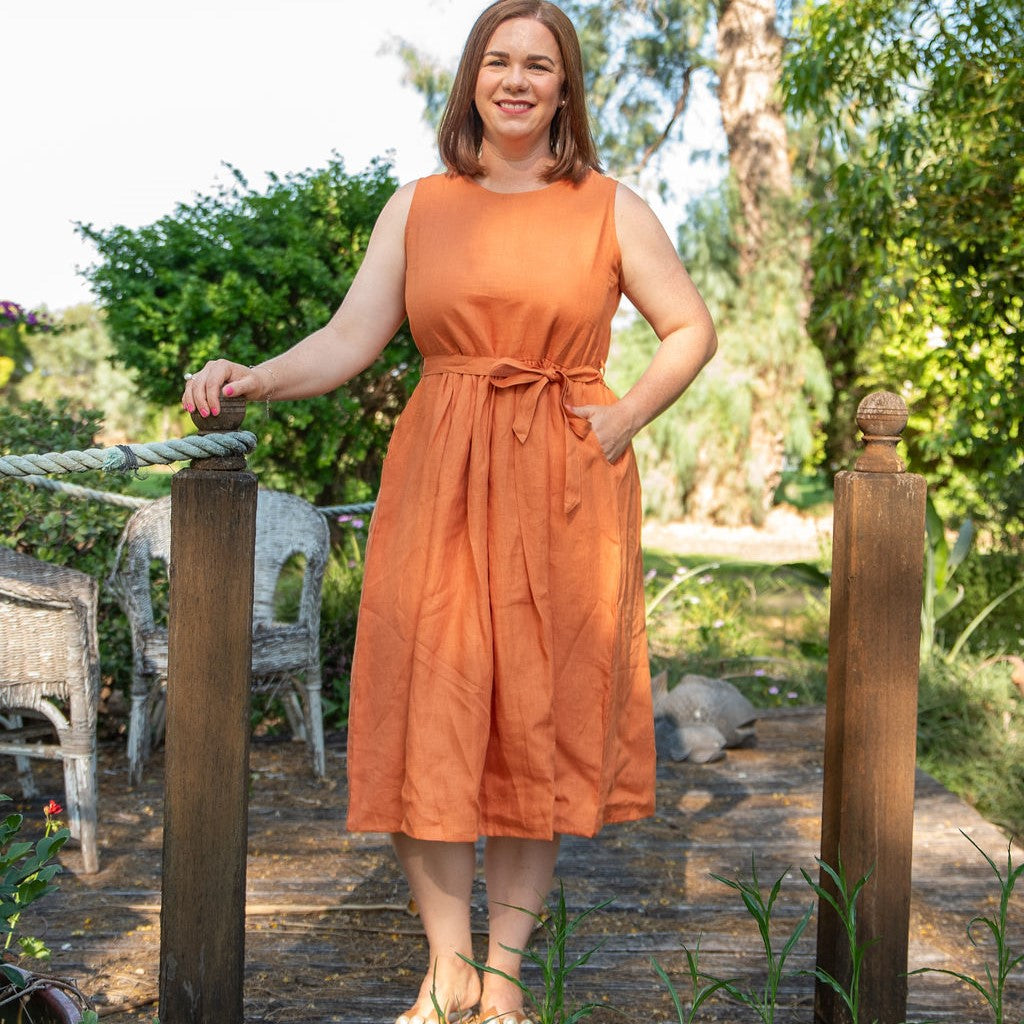 Orange Rust Sleeveless Organic Linen Dress