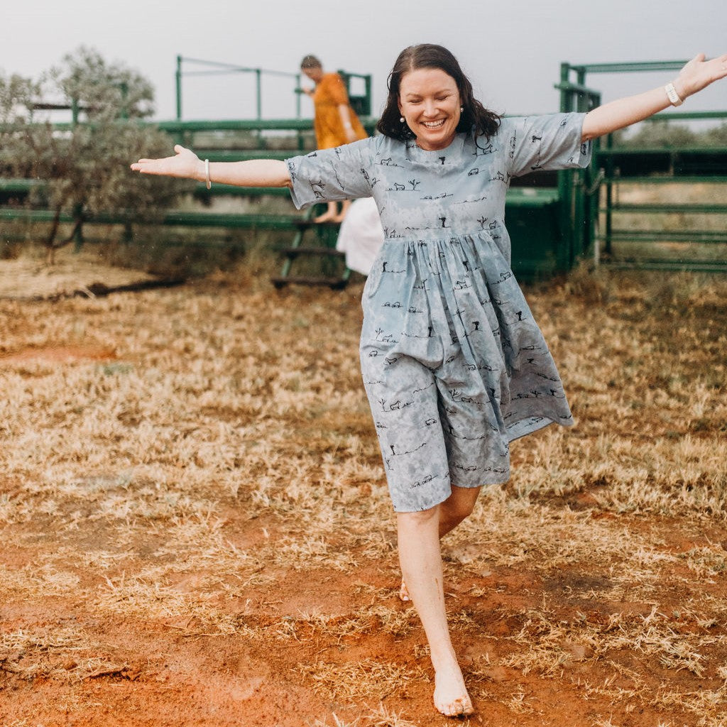 Sky Blue Rural Outback Short Sleeve Organic Linen Dress