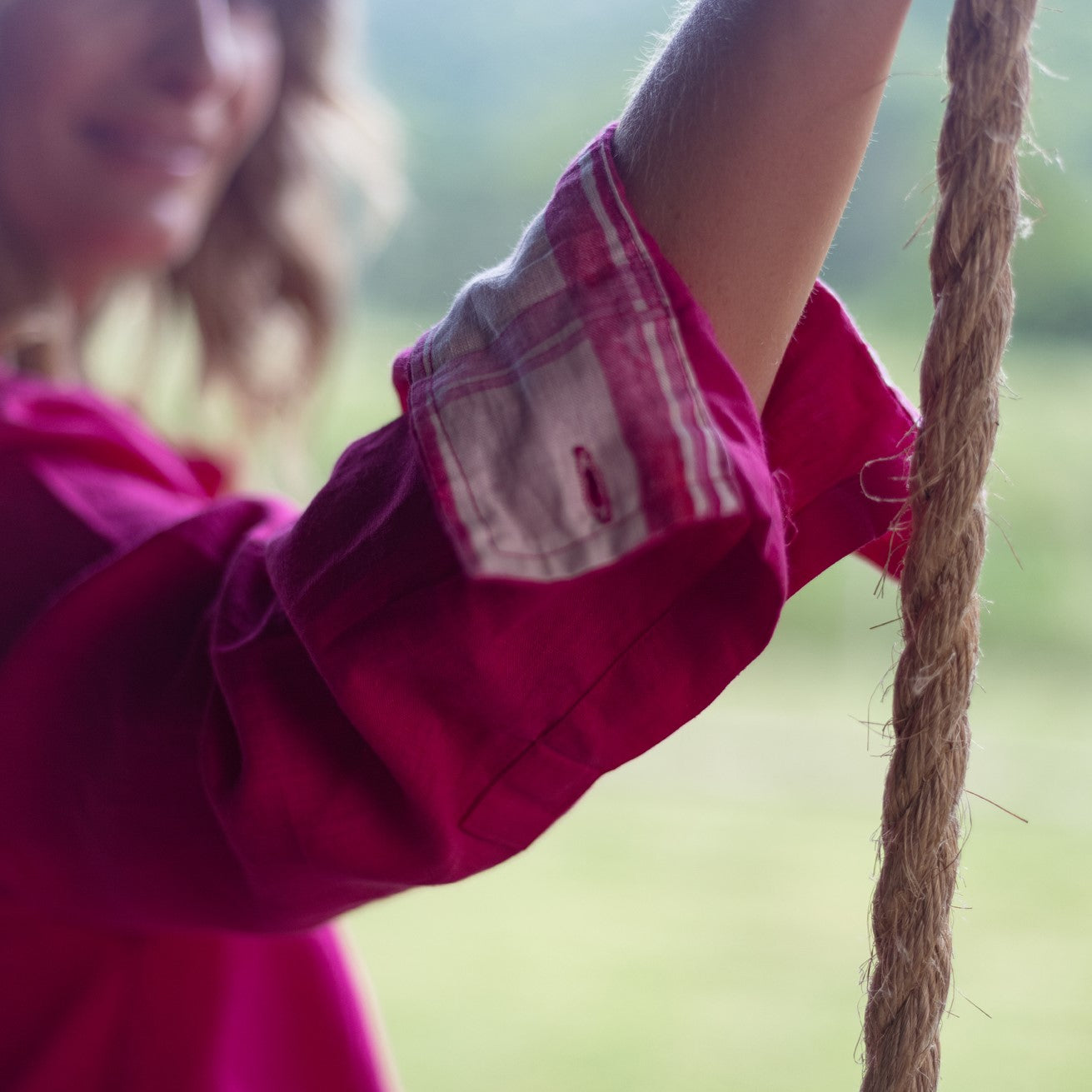 Hot Pink Organic Linen Shirt With Printed Gingham Cuffs