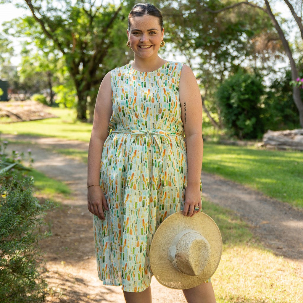 Outback Bark Green Sleeveless Organic Linen Dress