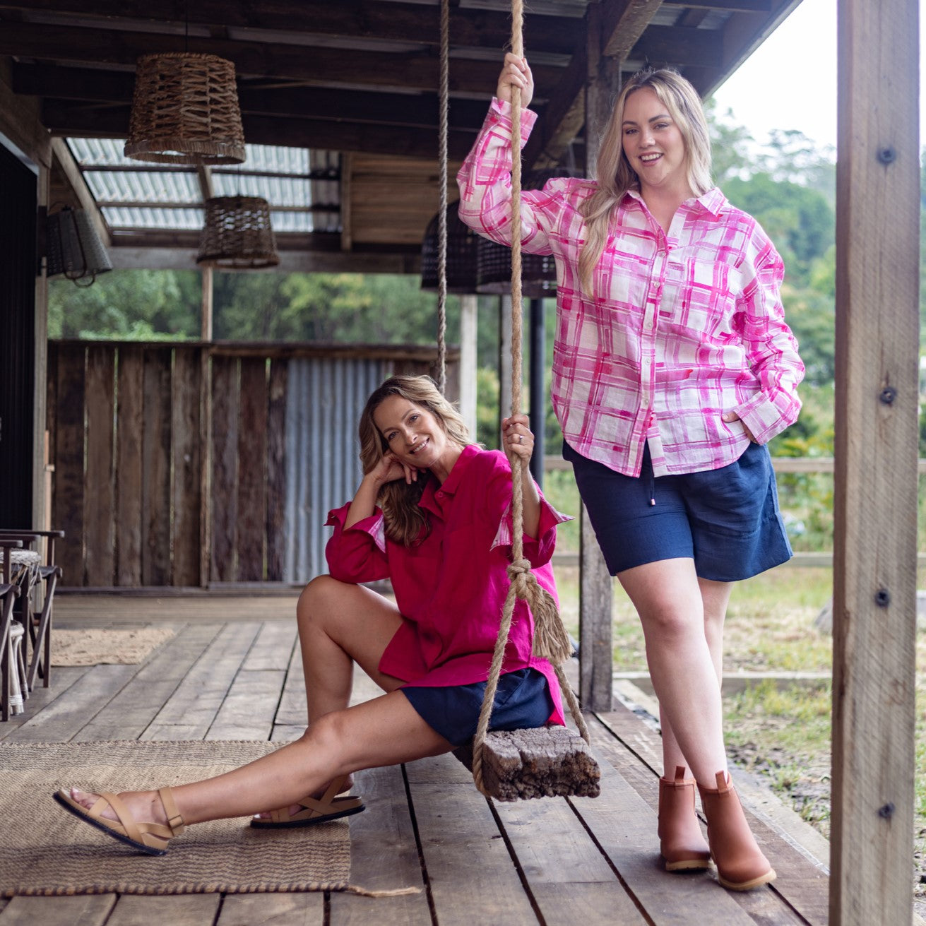 Pink Gingham Long Sleeve Linen Shirt