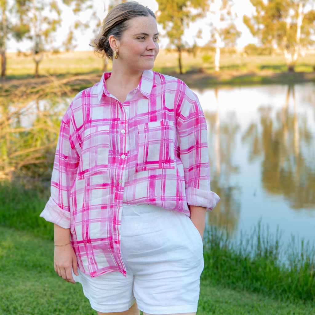 Pink Gingham Long Sleeve Linen Shirt