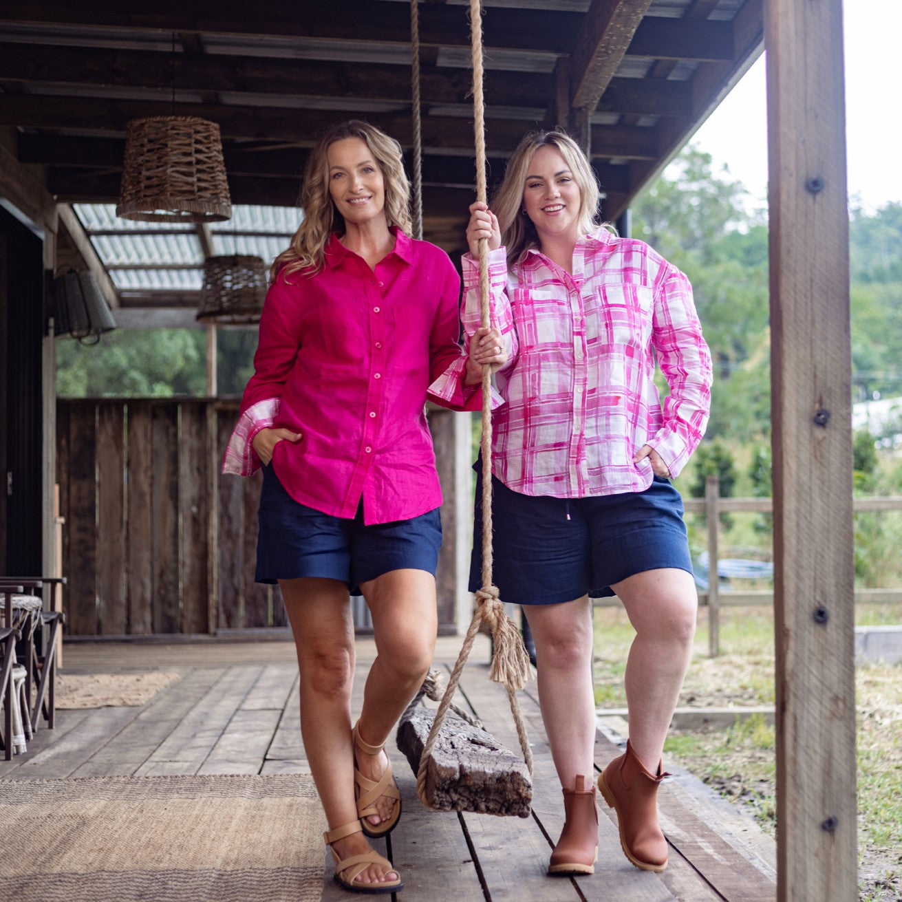 Hot Pink Organic Linen Shirt With Printed Gingham Cuffs