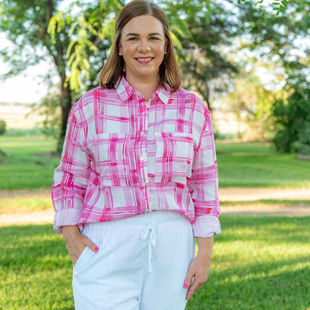 Pink Gingham Long Sleeve Linen Shirt