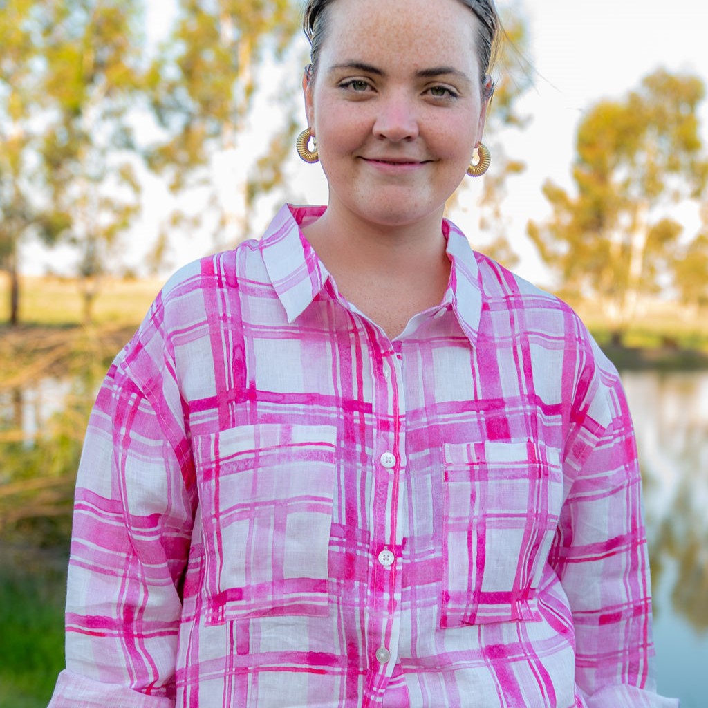 Pink Gingham Long Sleeve Linen Shirt