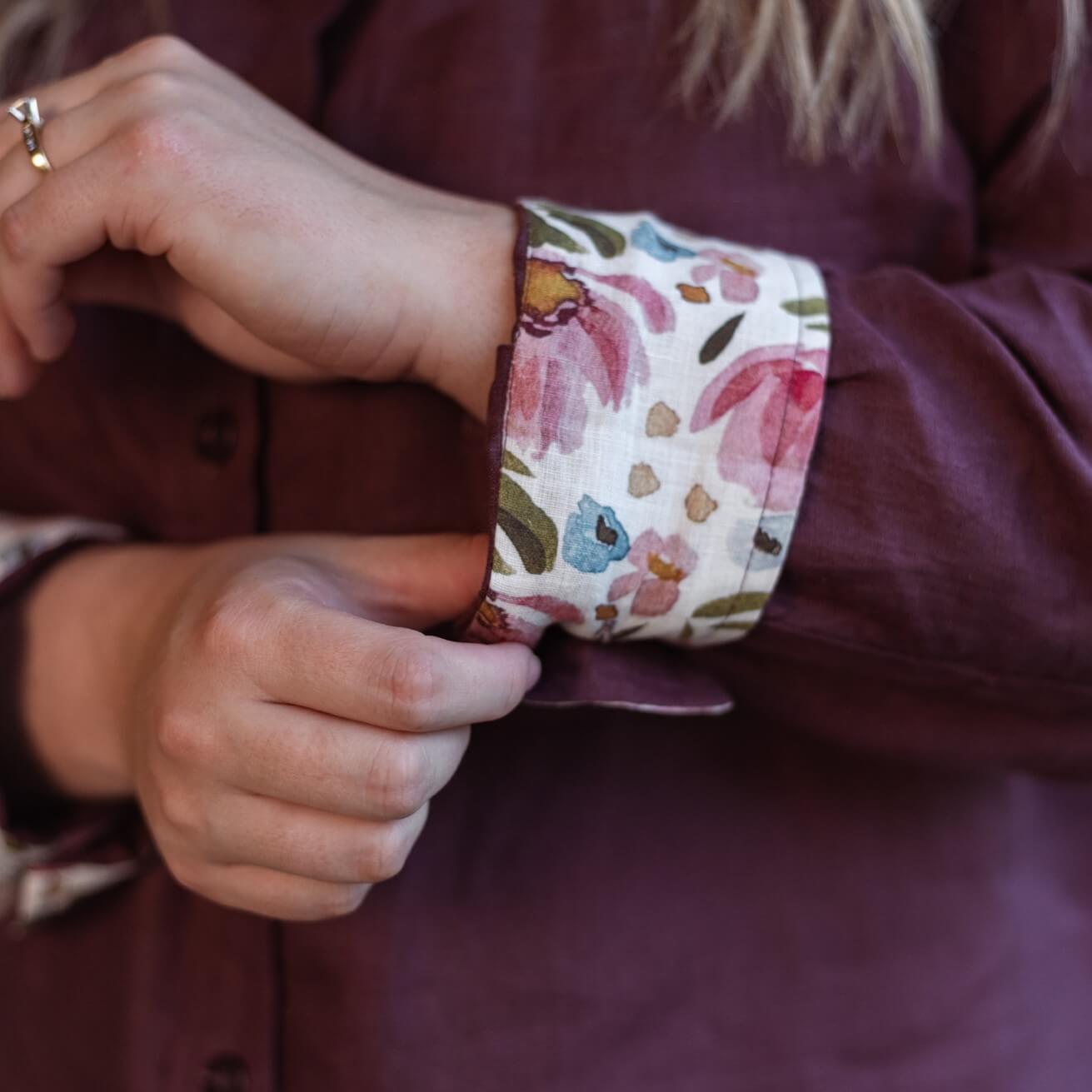 Mystic Plum Organic Linen Shirt with Printed Cuffs